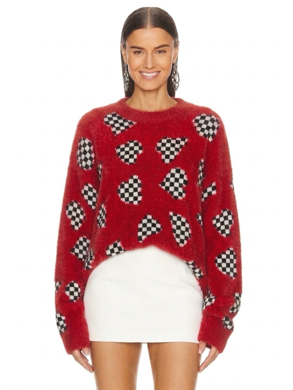 Unbranded Avant Garde Cozy Fuzzy Red Checker Heart Crewneck Sweater XL